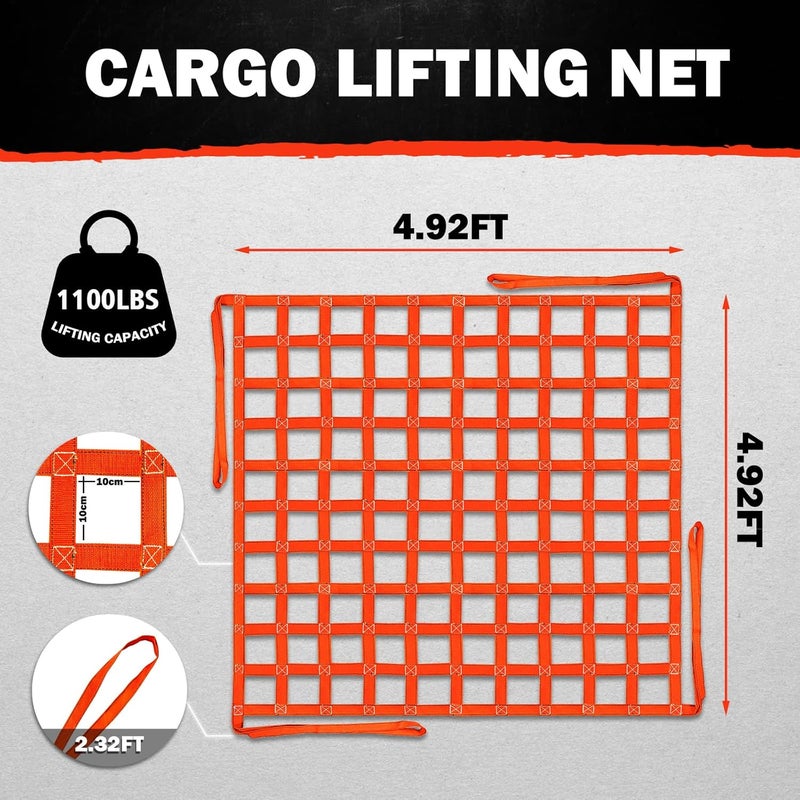 FITHOIST Cargo Lifting Net 1100LBS, 4.92'x4.92' Safety Lifting Net Straps for Hoist 10cm Square Mesh, Sling Hoisting Net, Heavy Duty Cargo Net for Construction Moving Towing Hoisting Loading Unloading - Image 3